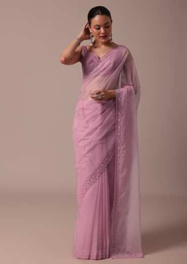 Pink Embroidered Organza Saree With Unstitched Blouse