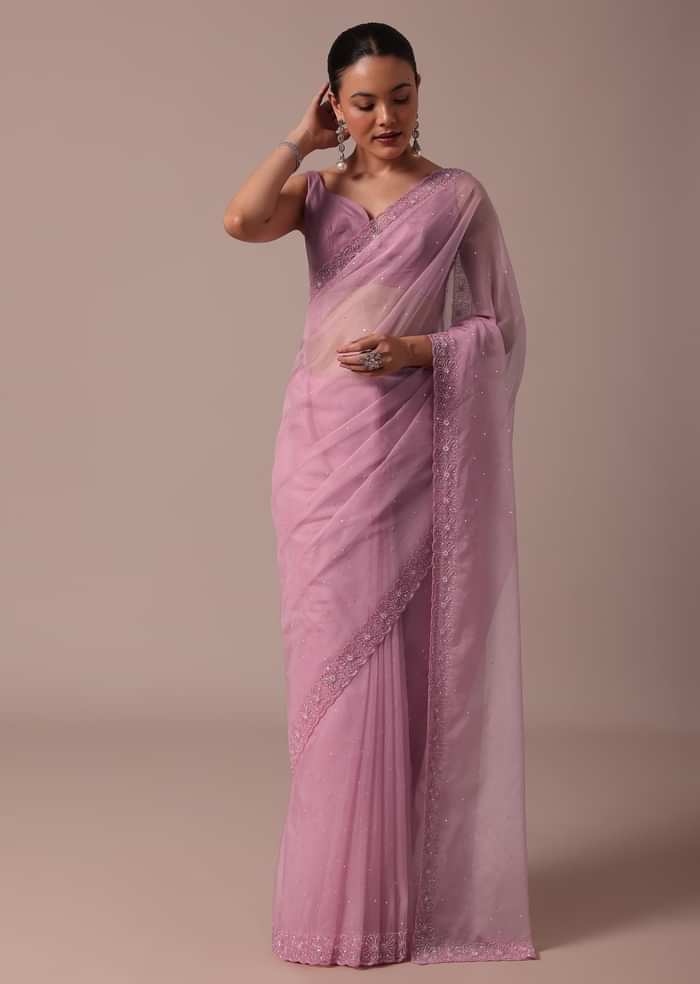 Pink Embroidered Organza Saree With Unstitched Blouse