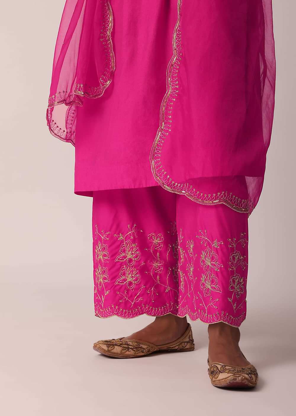 Pink Embroidered Palazzo Set With Kurta In Cotton-