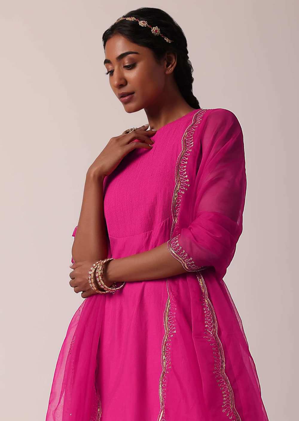 Pink Embroidered Palazzo Set With Kurta In Cotton-