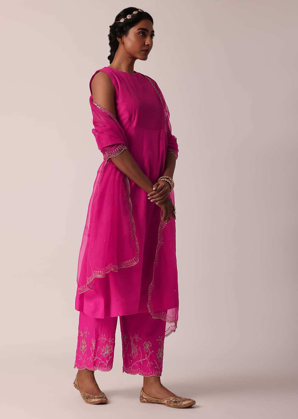 Pink Embroidered Palazzo Set With Kurta In Cotton-