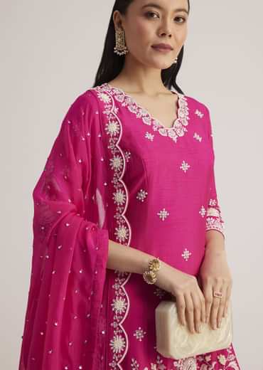Pink Embroidered Palazzo Suit With Dupatta