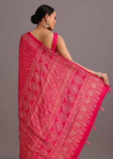 Pink Embroidered Satin Ajrakh Block Print Saree With Mirror Work