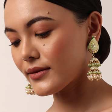 Pink Enameled Jhumkas With Bead Drops