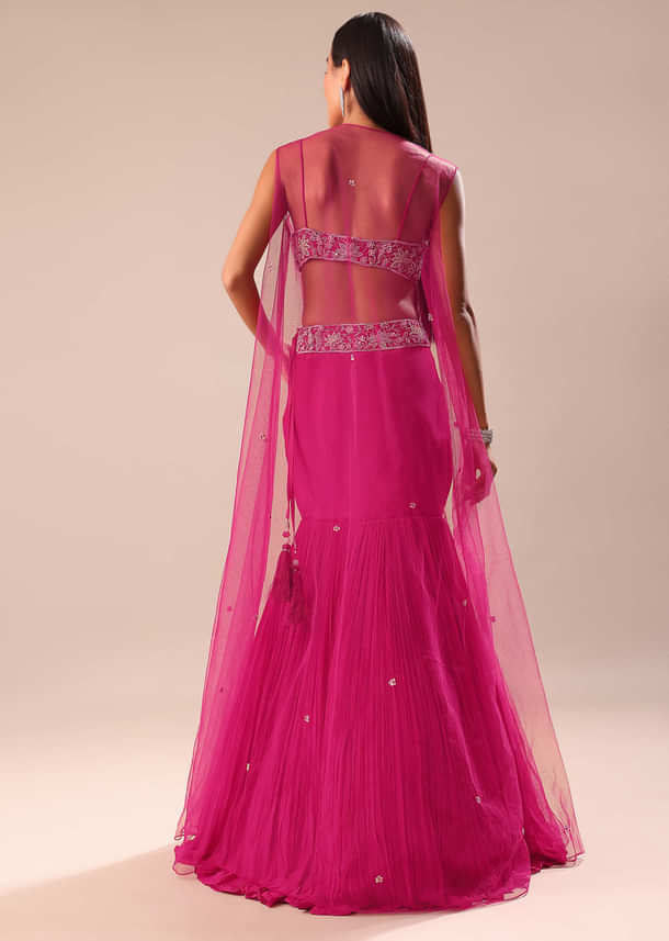 Pink Fishcut Skirt With Hand Embroidered Blouse And Jacket