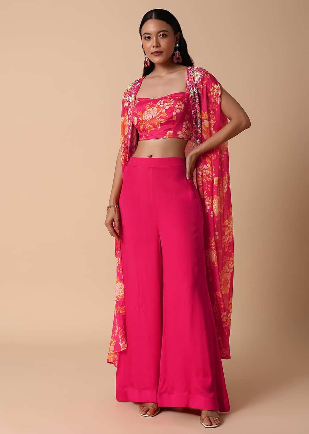 Buy Pink Floral Croptop And Palazzo With Jacket KALKI Fashion India