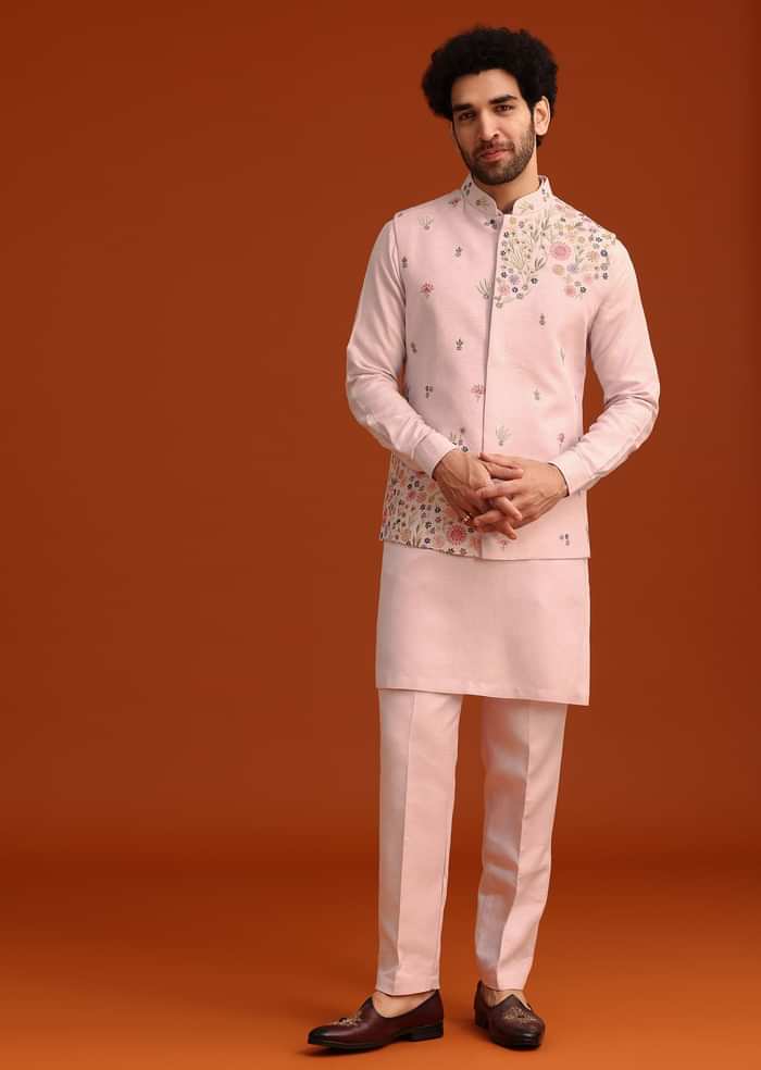 Pink Floral Embroidered Kurta Jacket Set