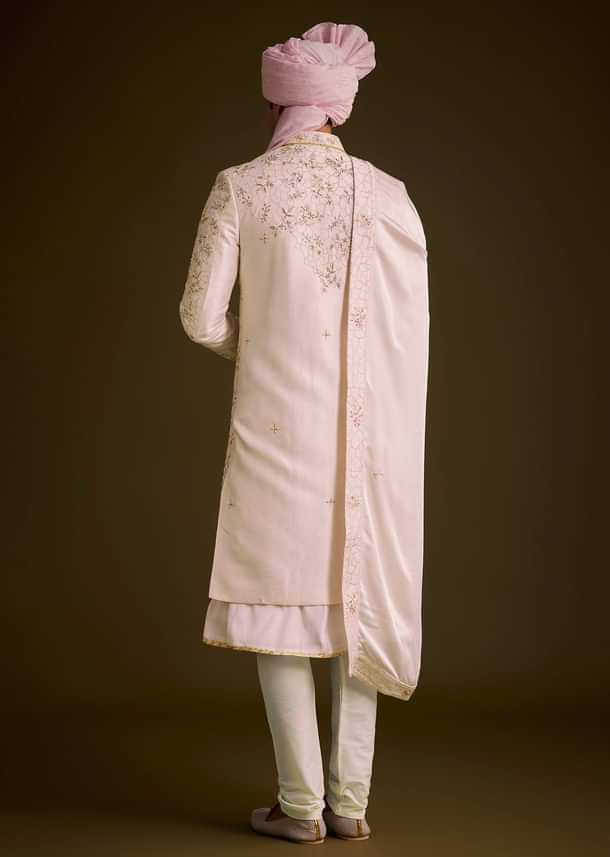 Pink Floral Embroidered Sherwani With Pearl Detailing