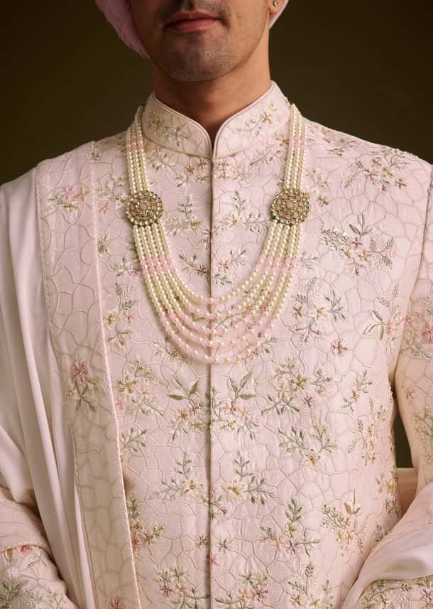 Pink Floral Embroidered Sherwani With Pearl Detailing