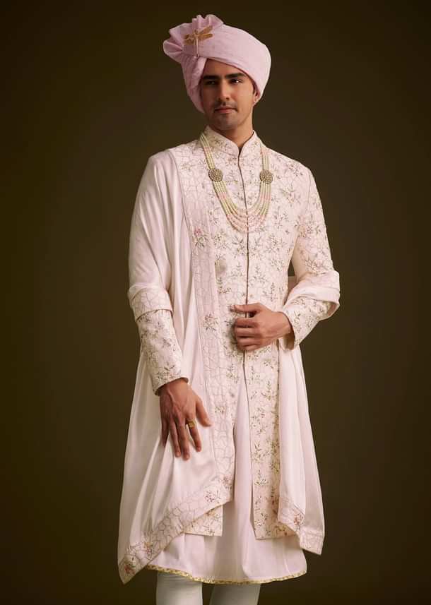 Pink Floral Embroidered Sherwani With Pearl Detailing