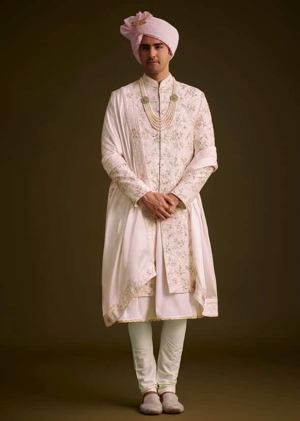 Pink Floral Embroidered Sherwani With Pearl Detailing