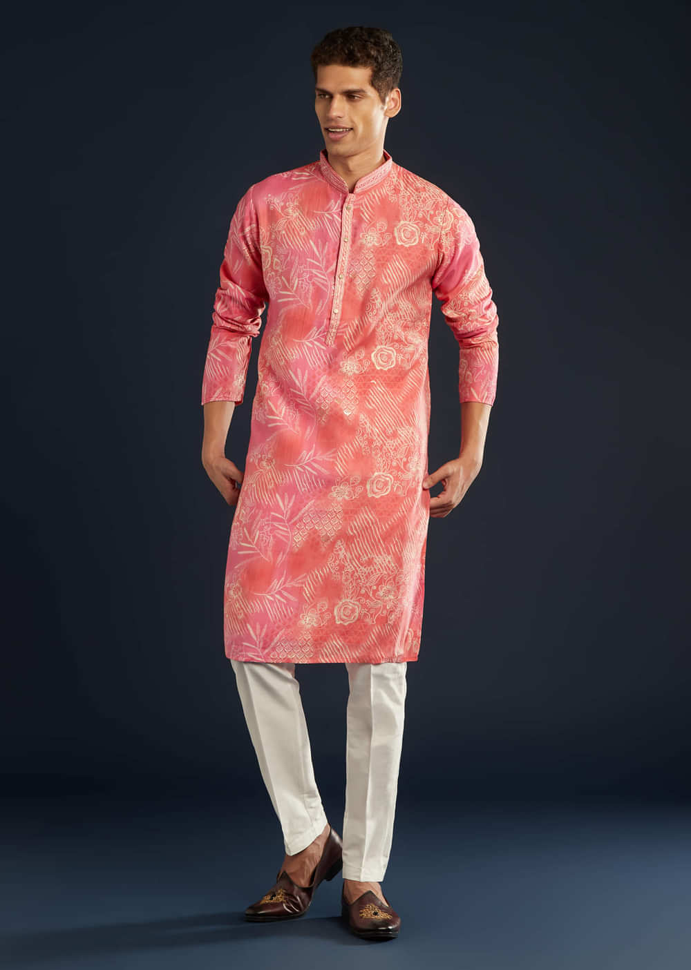 Pink Floral Print Art Silk Kurta and Pant Set