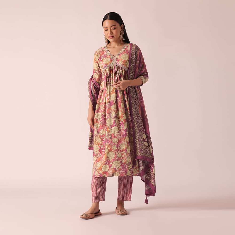 Pink Floral Print Chanderi Kurta Set With Mirror Work
