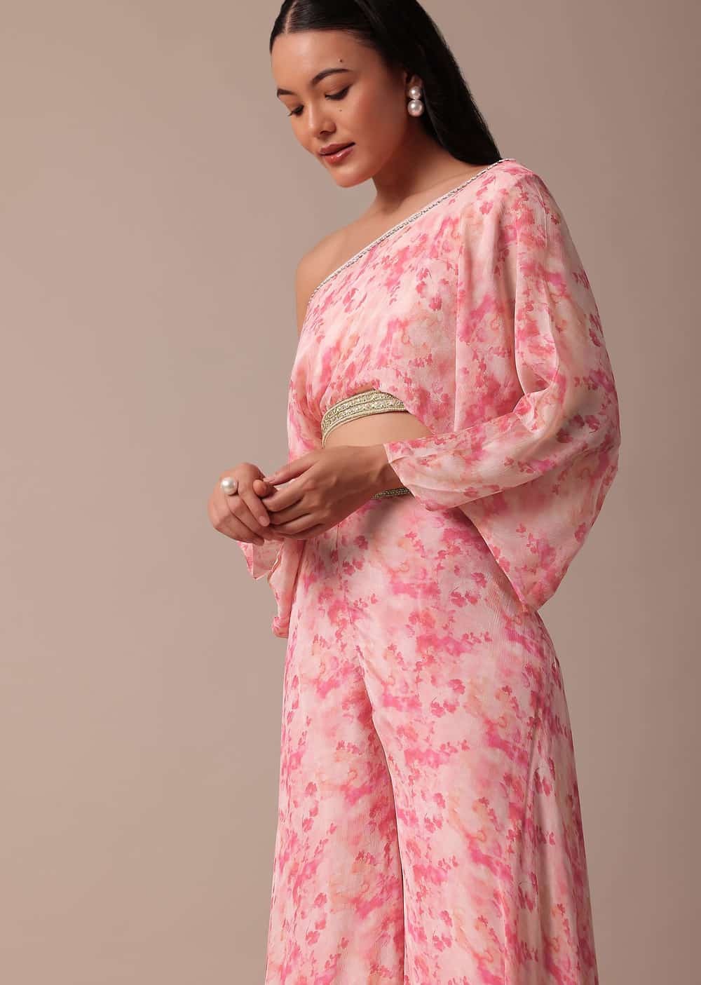 Pink Floral Print Crop Top With Palazzos