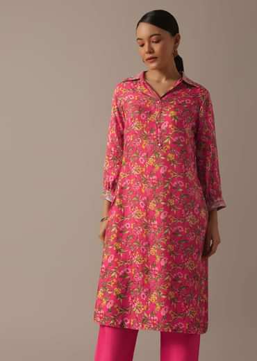 Pink Floral Print Kurta Set With Sequin Work