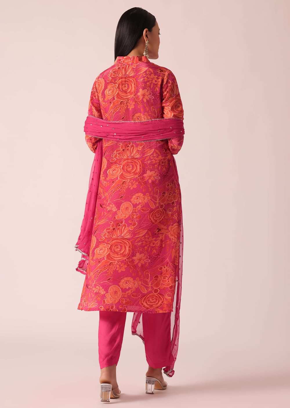 Pink Floral Print Kurta Set With Hand Embroidery