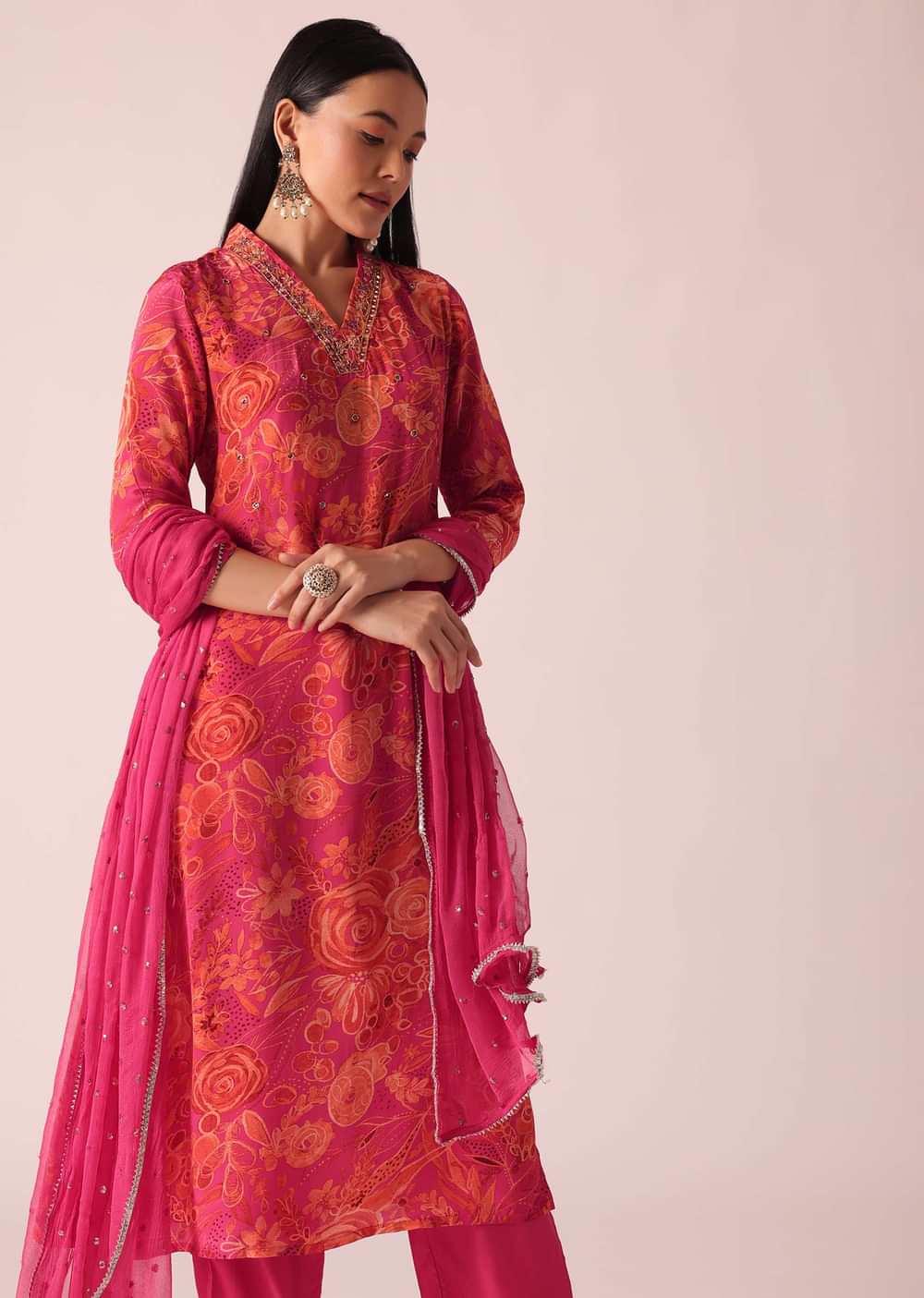 Pink Floral Print Kurta Set With Hand Embroidery