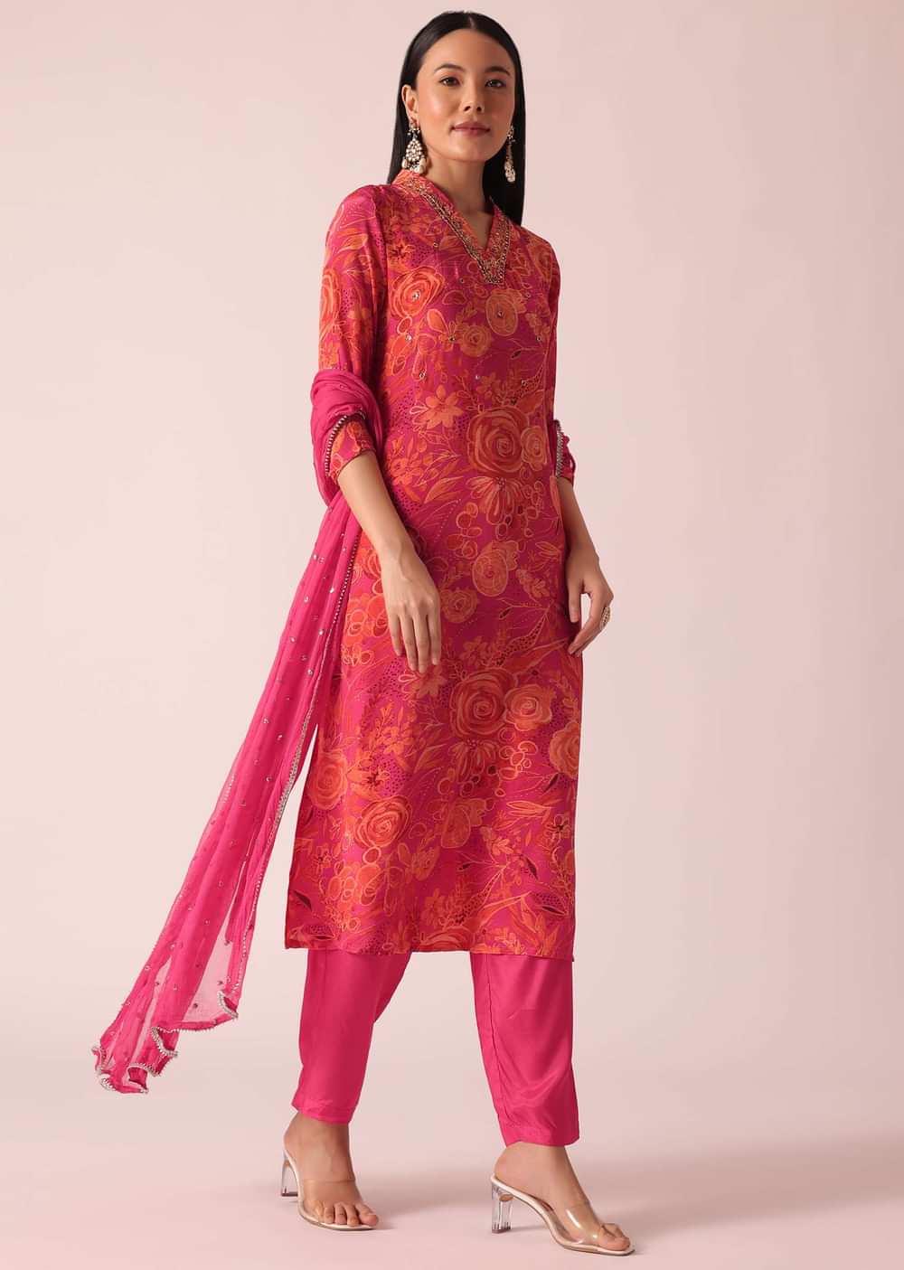 Pink Floral Print Kurta Set With Hand Embroidery