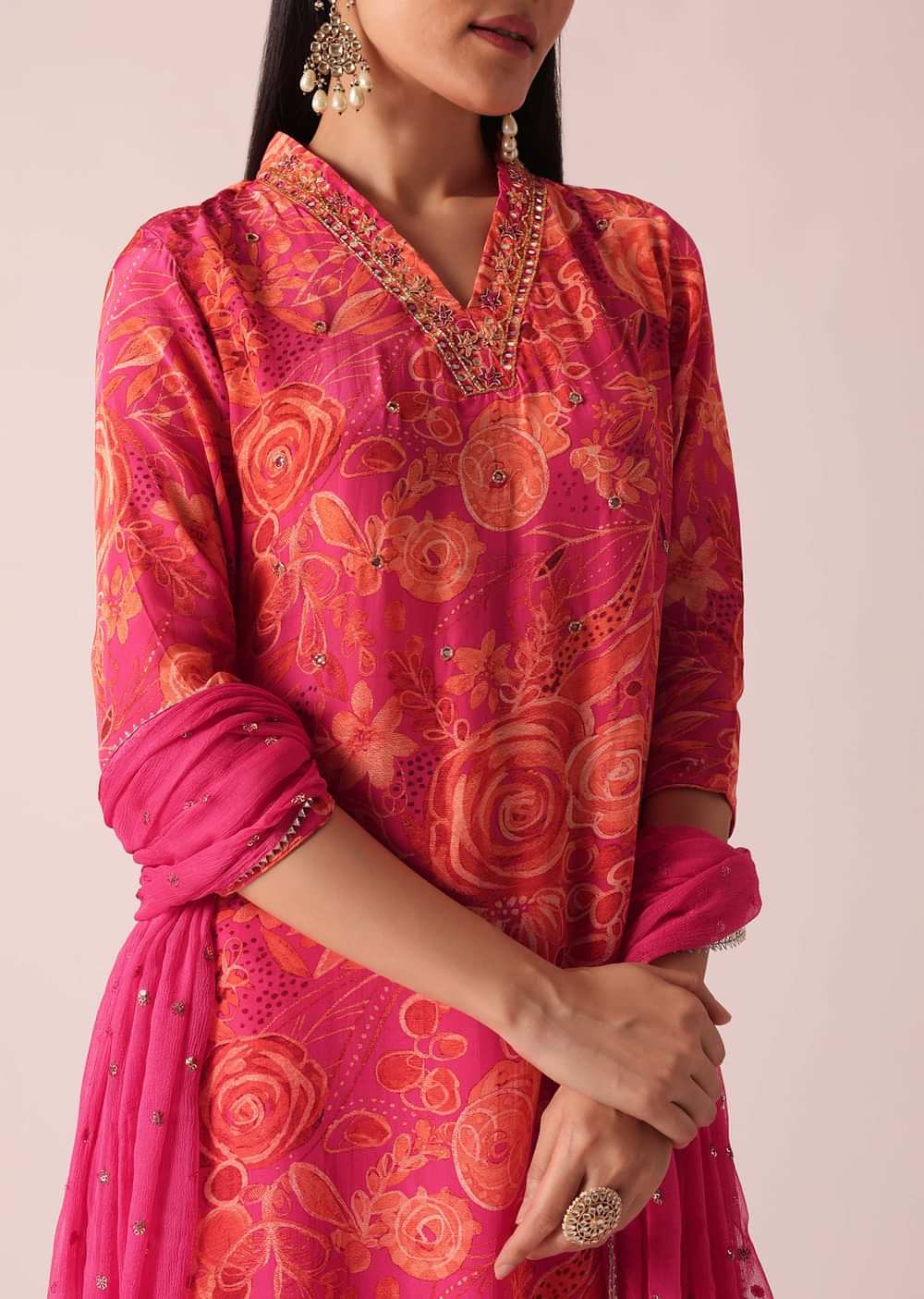 Pink Floral Print Kurta Set With Hand Embroidery