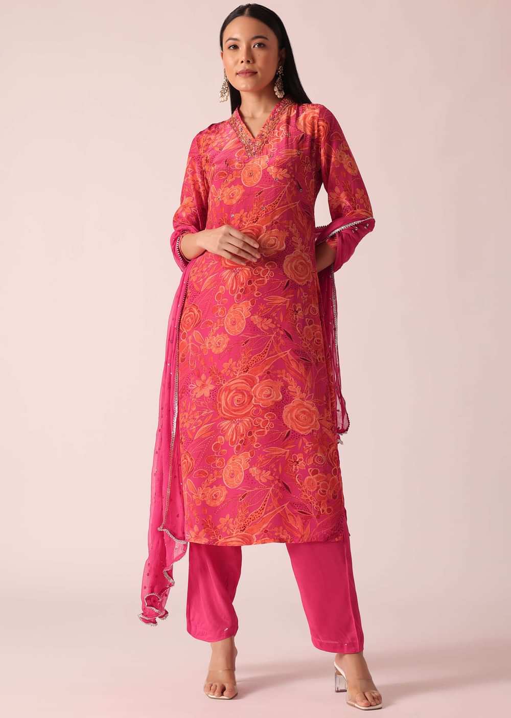 Pink Floral Print Kurta Set With Hand Embroidery