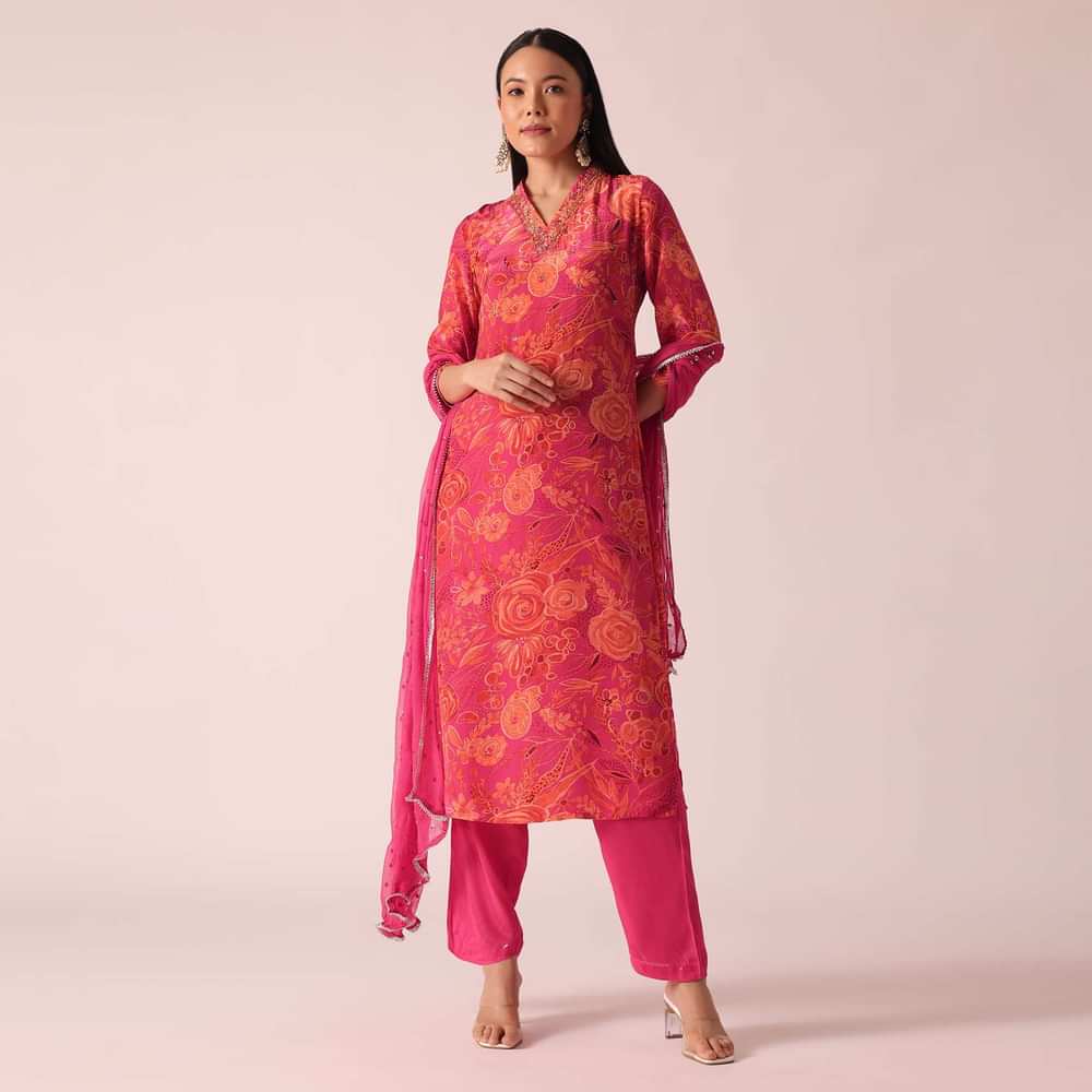 Pink Floral Print Kurta Set With Hand Embroidery