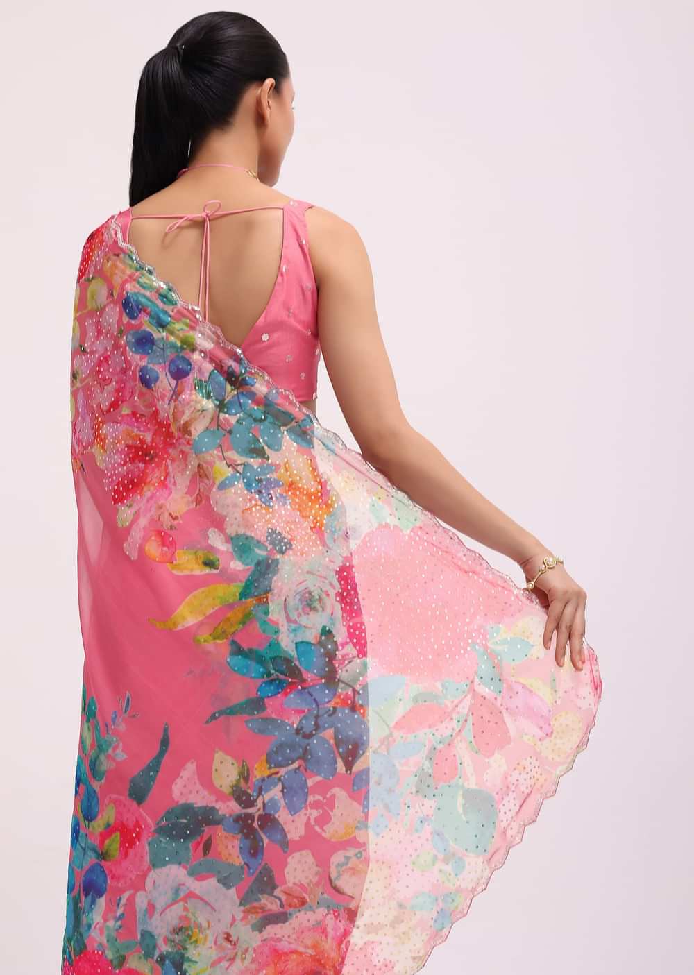 Pink Floral Printed Organza Saree With Unstitched Blouse