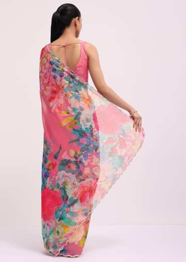 Pink Floral Printed Organza Saree With Unstitched Blouse