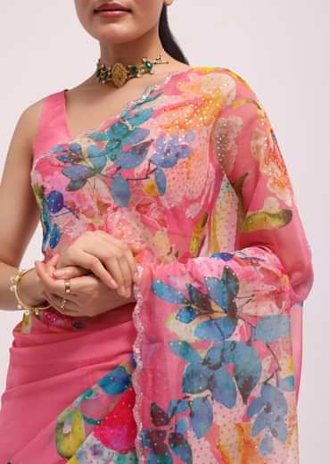 Pink Floral Printed Organza Saree With Unstitched Blouse
