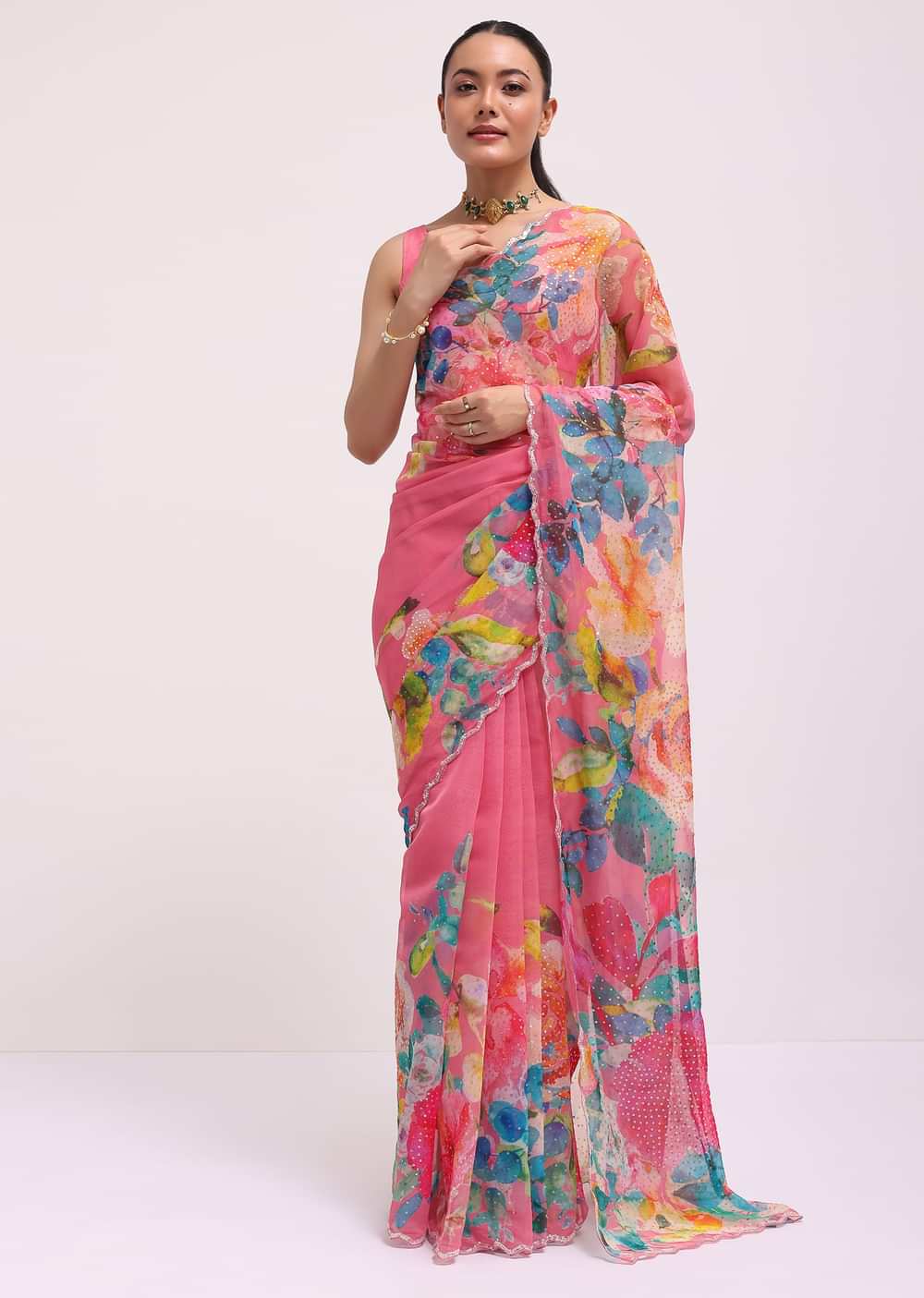 Pink Floral Printed Organza Saree With Unstitched Blouse