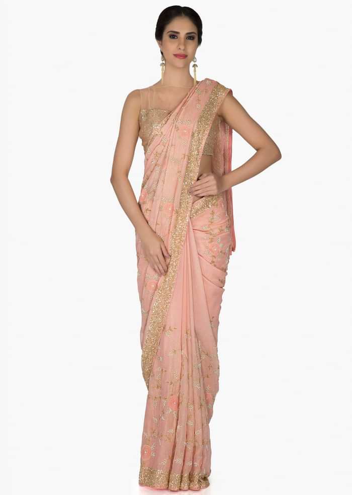 Pink Foil Georgette Saree and Georgette Blouse with Thread Work, Sequins and Moti only on Kalki