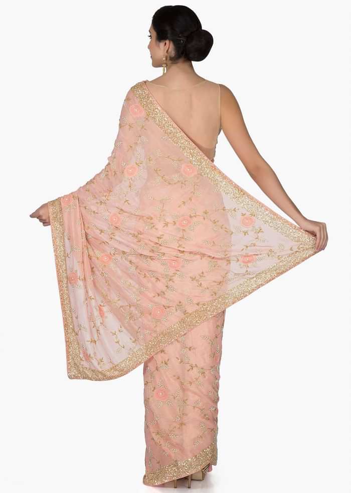 Pink Foil Georgette Saree and Georgette Blouse with Thread Work, Sequins and Moti only on Kalki