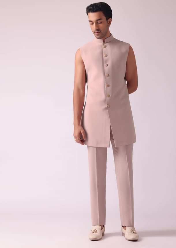 Pink Foil Print Jacquard Indowestern Set