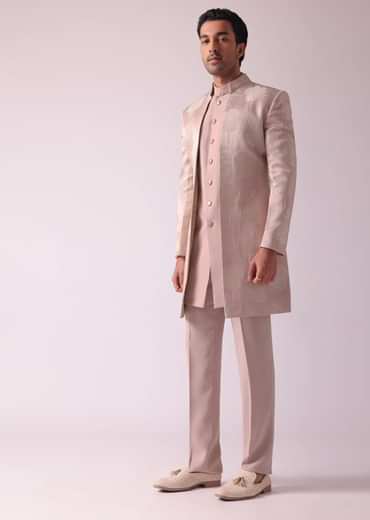 Pink Foil Print Jacquard Indowestern Set