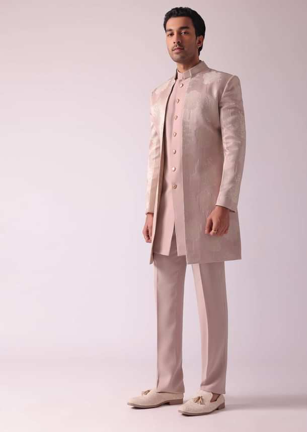 Pink Foil Print Jacquard Indowestern Set