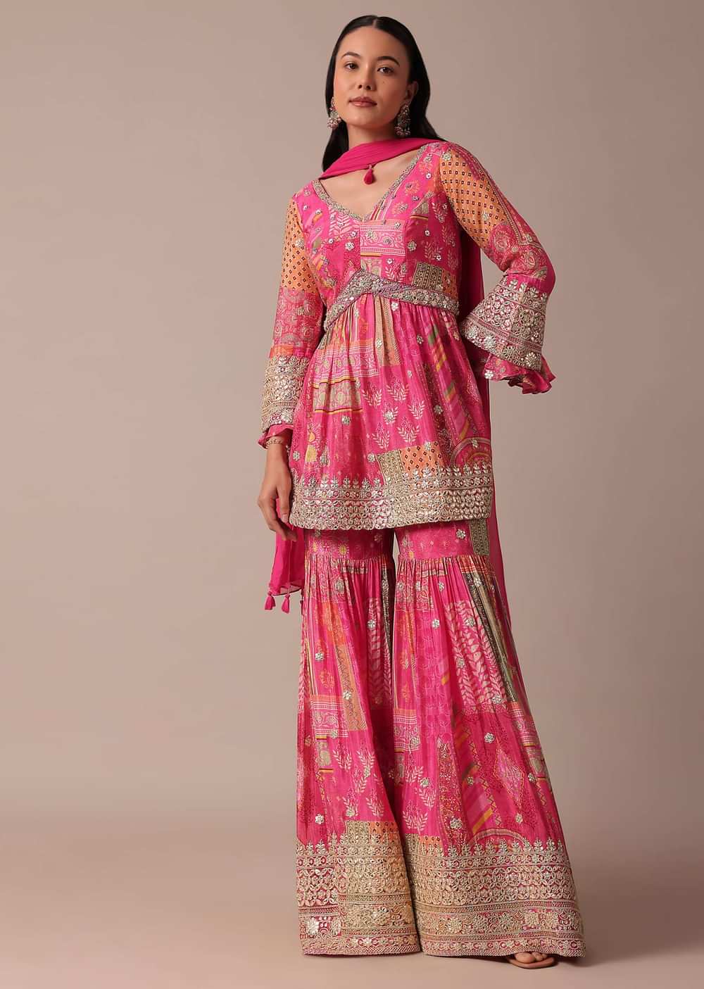 Pink Fusion Sharara Set With Peplum Top