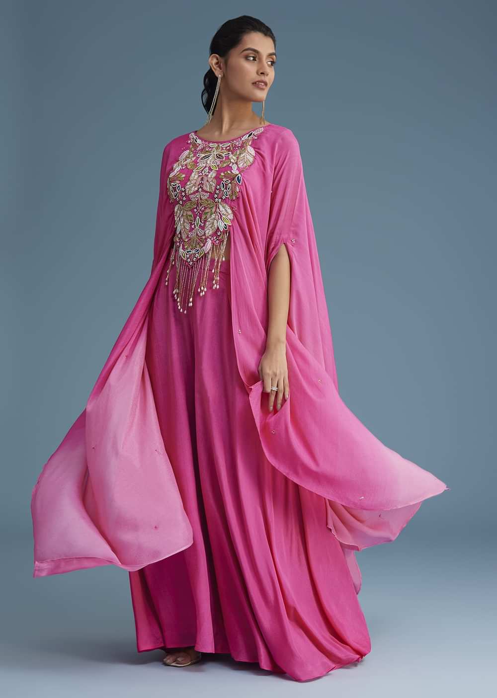 Pink Georgette Crepe Palazzo Set With Tassel Detail Croptop