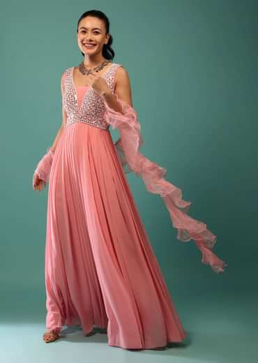 Pink Georgette Jumpsuit With Mirror Work And Ruffle Dupatta
