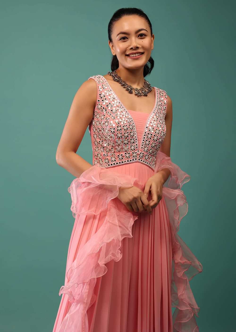 Pink Georgette Jumpsuit With Mirror Work And Ruffle Dupatta