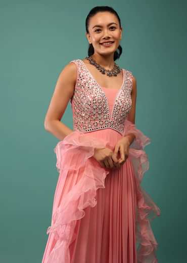 Pink Georgette Jumpsuit With Mirror Work And Ruffle Dupatta