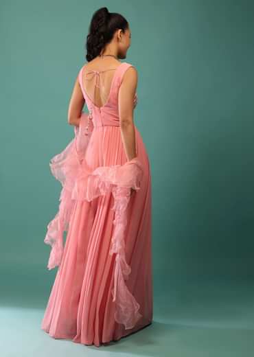 Pink Georgette Jumpsuit With Mirror Work And Ruffle Dupatta