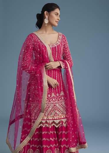 Pink Georgette Sharara Set With Mirror Sequins And Zardosi Work