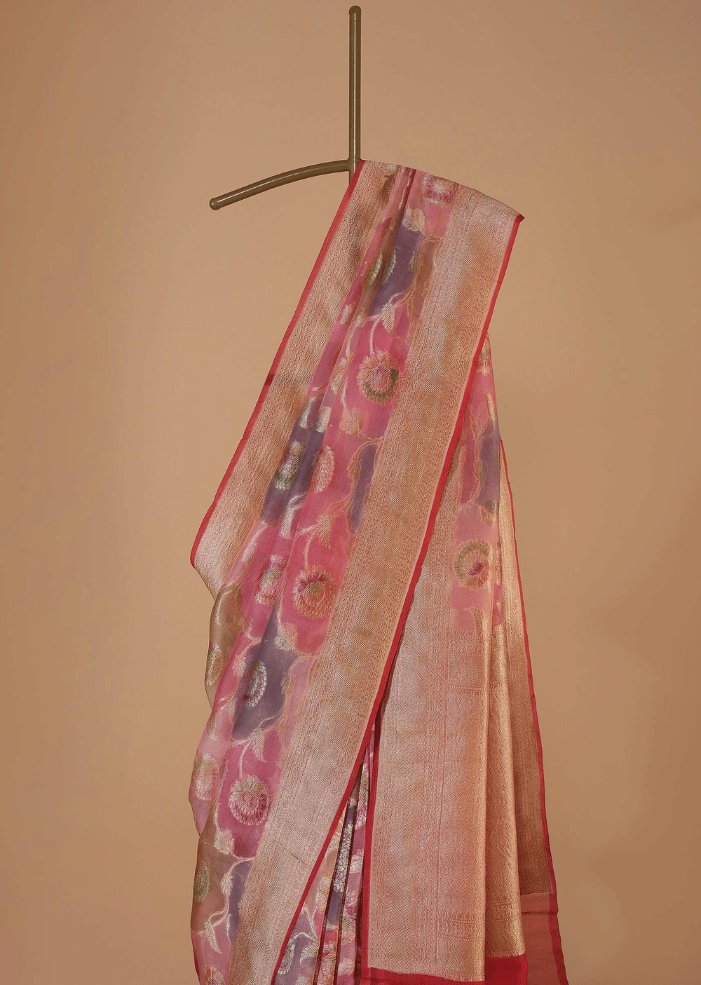 Pink Georgette Zari Rangkat Weave Saree In Georgette With Unstitched Blouse