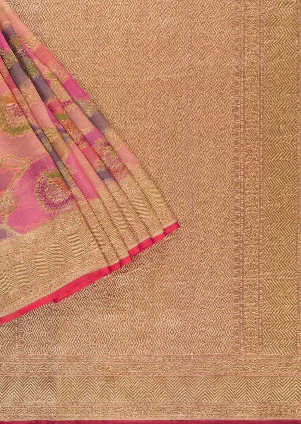 Pink Georgette Zari Rangkat Weave Saree In Georgette With Unstitched Blouse