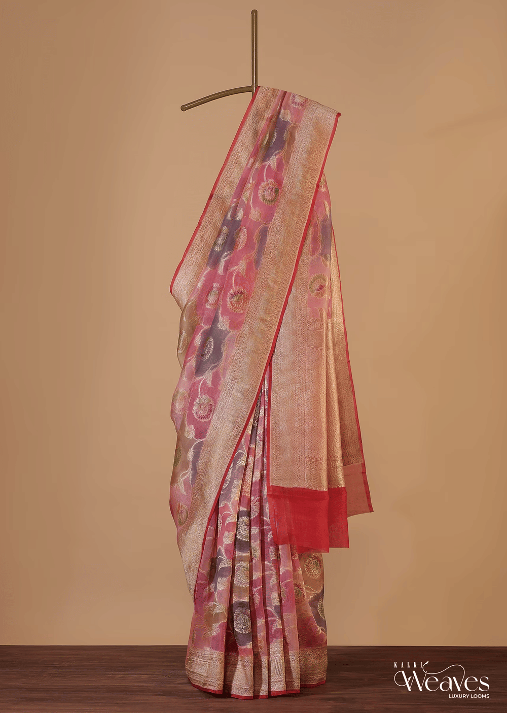 Pink Georgette Zari Rangkat Weave Saree In Georgette With Unstitched Blouse