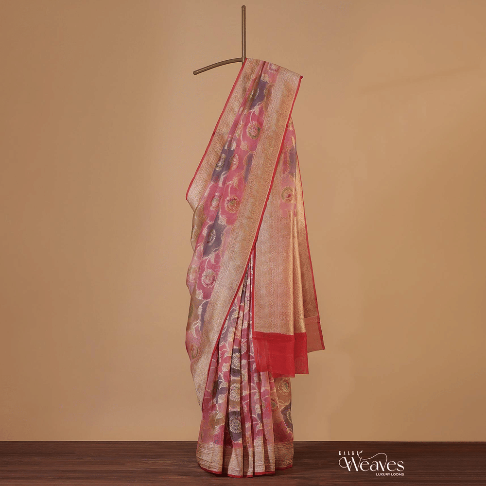Pink Georgette Zari Rangkat Weave Saree In Georgette With Unstitched Blouse
