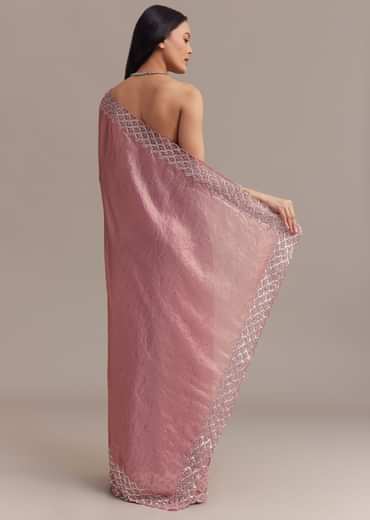 Pink Glass Tissue Saree With Sequins And Moti Embroidered Border