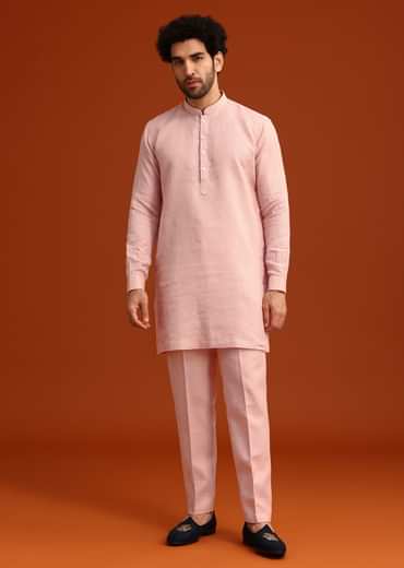 Pink Hand Embroidered Jacket And Kurta Set In Linen
