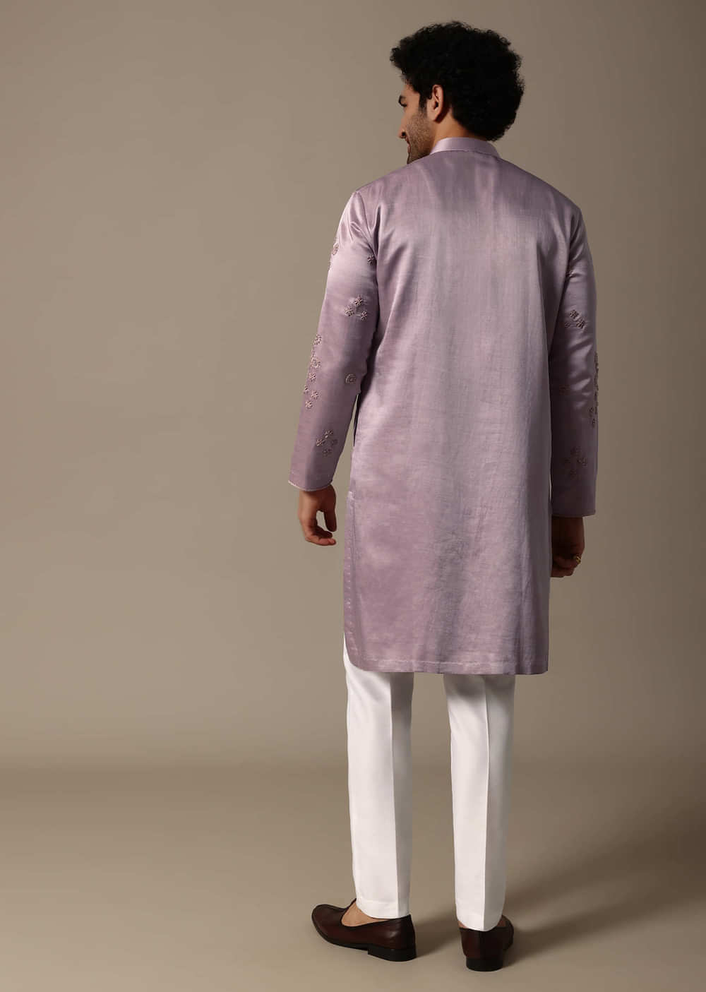 Pink Hand Embroidered Linen Kurta Set For Men