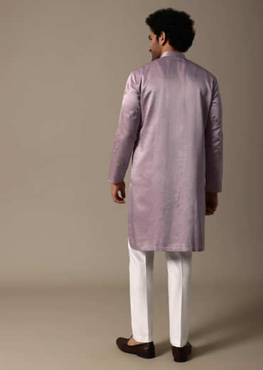 Pink Hand Embroidered Linen Kurta Set For Men