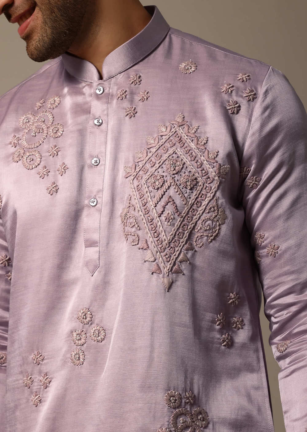 Pink Hand Embroidered Linen Kurta Set For Men